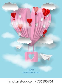 3d Valentine's day illustration. Paper heart and clouds, pigeons and red balloons in form of hearts with inscription happy valentines day. Paper art craft style