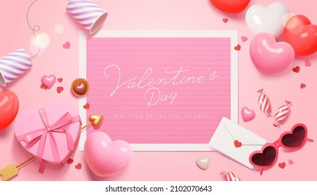 3d Antecedentes web de la carta de amor del Día de San Valentín. Diseño de vista superior. Concepto de relación de distancia.