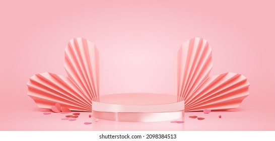 3d Valentine's Day or Mother's Day product display scene background. Glass podium with heart shape folded fans and romantic confetti