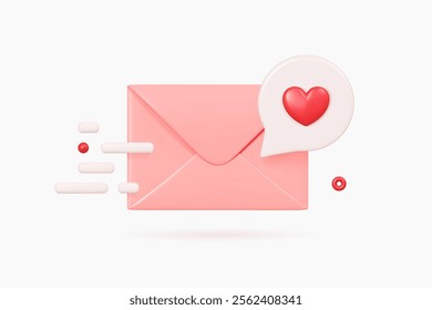 3D Valentine's Day. Pink letter in envelope with red heart. Speech bubble notification. Message of love. Be my Valentine. Cartoon design icon isolated on white background. 3D Vector illustration