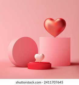 3D Valentine's Day podium mockup. Pink and red hearts, modern geometry, perfect for showcasing products, cosmetics, jewelry, and more. Vector illustration