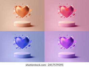 3D Valentine's Day podium mockup. Featuring floating in the air hearts, a sleek podium, and a soft backdrop, it's perfect for showcasing your products or branding in a romantic. Vector illustration