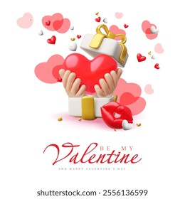 3D Valentine's Day poster with an open gift box with hands holding a heart and lips. Plastic and inflated shapes. Bokeh effect. Postcard or advertising leaflet. Vector illustration. Place for text.