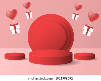 3d Valentine's day red cylinder podiums with gift boxes and heart shaped balloons.