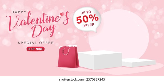 3D valentine's day sale 50% offer advertisement banner. pink shopping bag with white empty podium and shop now bottom.