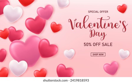 Afiche de la venta del día de San Valentín con fondo de corazones rojos y rosados. Plantilla De Invitación A La Fiesta De Banner Rosado. Ilustración del vector