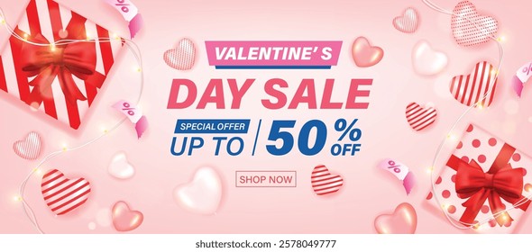 3D Valentine's Day Sale Poster with cute heart, pink coupon, neon warm light and Valentines day gift box on pink background. Promotion and shopping template for love and Valentine's day concept.