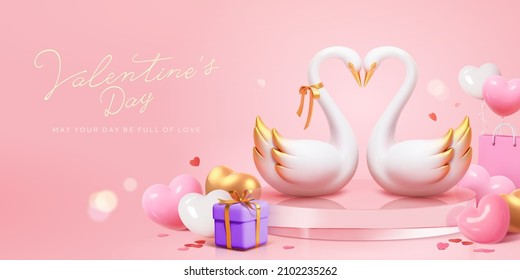 3d Valentine's Day sale promo banner. Swan couple on glass podium with confetti, gift box and heart shape balloons. Soulmate concept.