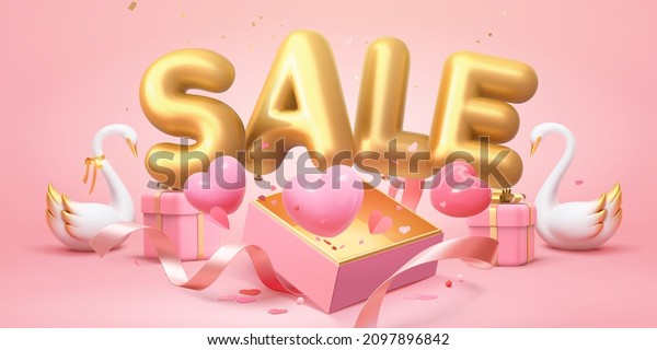 3d\
Valentine\'s Day sale promo banner template with swan couple,\
present boxes and large sale word phrase\
balloons