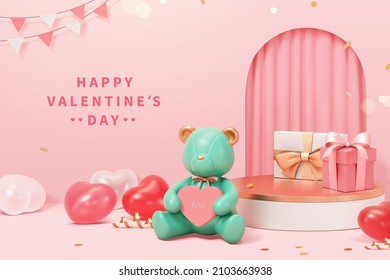 3d Valentine's Day scene design. Round podium with teddy bear, heart shape toy and gift boxes in front of a curtain door. Concept of surprise and sending love.