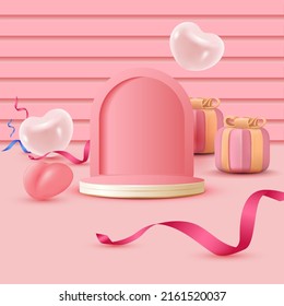 3d Valentine's Day scene design. Round podium with, heart shape toy and gift boxes. Concept of surprise and sending love.