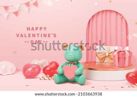 3d Valentine's Day scene design. Round podium with teddy bear, heart shape toy and gift boxes in front of a curtain door. Concept of surprise and sending love.