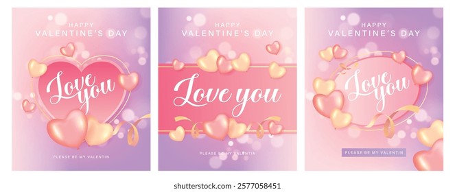 3d Valentine's Day square banner templates. Vector illustration with hearts and pastel background. Suitable for social media post and web internet ads.