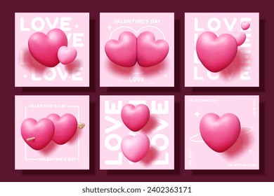 3D Valentines day templates with heart icons isolated on dark velvet background.