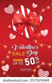 3D Valentine's day theme sale poster with gift box and heart shape balloon and warm light neon light. discounts up to 50%