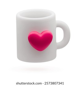 3D valentines mug with pink balloon heart on side. Realistic love icon, romantic concept with heart symbol. White mug of coffee, tea, romance dating, love moment symbol isolated on white