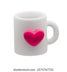 3D valentines mug with pink balloon heart on side. Realistic love icon, romantic concept with heart symbol. White mug of coffee, tea, romance dating, love moment symbol isolated on white