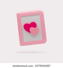 3D Valentines postcard icon. Realistic romantic flyer with hearts on front side, Love icon for declaration of love, romantic date, anniversary, gift card. 3D love message isolated on white background.