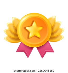 3D value medal icon, ranking quality game badge, golden winner coin, star, crown, ribbon. UI casino trophy, motivation customer award prize, vector victory graduate emblem. 3D medal success sign