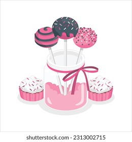 3d Vanilla cake pops and cupcakes. Many bright delicious cake pops on color background.