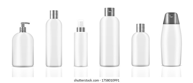 3d various blank container mock-ups, including jar, pump bottle, cream tube isolated on white background. Set of realistic mockup cosmetic white clean bottles. Realistic cosmetic package. Vector.