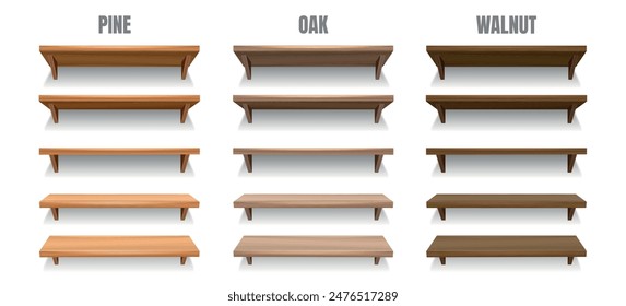 3d various empty wooden store shelve set. Realistic pine oak walnut wood color texture shelves isolated vector illustration