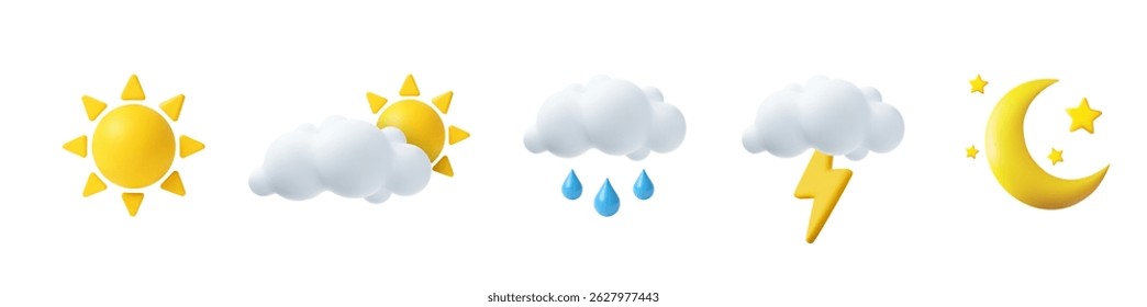 3D various weather conditions including sunny, cloudy, rainy, stormy, and night with moon and stars. 3d rendering. Vector illustration