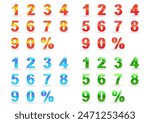 3D vector 0, 1, 2, 3, 4, 5, 6, 7, 8, 9,% Numeral Alphabet, Red, Orange, Yellow, Blue, Purple, Gold, Green, Templates 3D figures of color, Number from 0 to 9, Vector Illustration, 3D Number Set