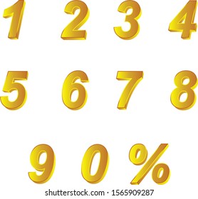 3D Vector 0, 1, 2, 3, 4, 5, 6, 7, 8, 9 Gold color numeral alphabet.