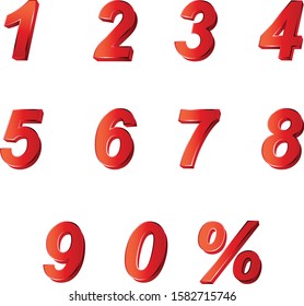 3D Vector 0, 1, 2, 3, 4, 5, 6, 7, 8, 9 Red color numeral alphabet.