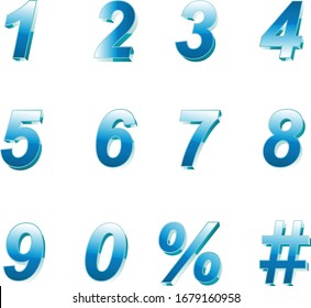 3D Vector 0, 1, 2, 3, 4, 5, 6, 7, 8, 9,%,# Gradient color numeral alphabet.