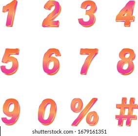 3D Vector 0, 1, 2, 3, 4, 5, 6, 7, 8, 9,%,# Gradient color numeral alphabet.