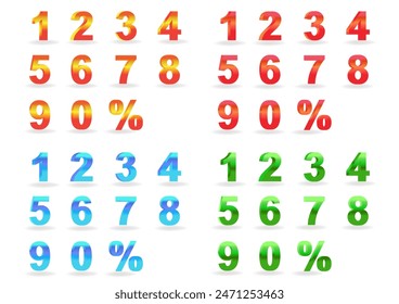 3D vector 0, 1, 2, 3, 4, 5, 6, 7, 8, 9,% Numeral Alphabet, Red, Orange, Yellow, Blue, Purple, Gold, Green, Templates 3D figures of color, Number from 0 to 9, Vector Illustration, 3D Number Set