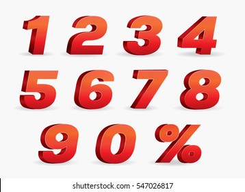 3D Vector  0, 1, 2, 3, 4, 5, 6, 7, 8, 9 Red color  numeral alphabet. 