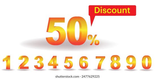 3D Vector 0,1,2,3,4,5,6,7,8,9,% Orange and Yellow Color Numeral Alphabet, Template 3D Figures of Gold Color, Number From 0 to 9, Vector Illustration 