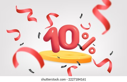 3d vector  10 percent sale discount symbol with yellow shiny platoon podium flying red explosion confetti banner design illustration. Realist plastic render advertisement and promo decoration element