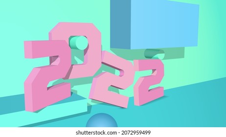 3D vector 2022 New Years typography with pink and green shapes on the abstract background and number signs.