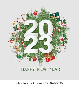 3D vector 2023 Happy New Year Decorative Design. Christmas realistic decorations, Christmas wreath decorated with candy canes, holly berries, balls, gifts and stars. Charming new year card design. 
