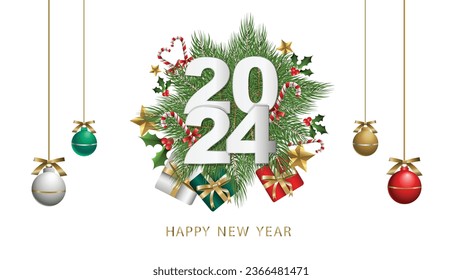 Vector 3D 2024 Feliz Año Nuevo Diseño Decorativo. Decoración navideña realista, corona navideña decorada con latas de caramelo, bayas, bolas, regalos y estrellas. Encantador diseño de tarjetas de Año Nuevo. 
