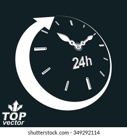 3d vector 24 hours clock black and white illustration. Day-and-night dimensional stylized symbol. Twenty-four hours a day conceptual design element. 