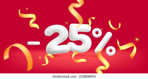 3d vector -25 percent sale discount symbol with yellow shiny  flying gold confetti explosion banner design illustration. Realist plastic render advertisement and promo decoration element.