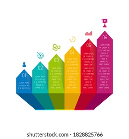 3d vector, 6 Colorful Infographic steps with numbers, icons, and text box template