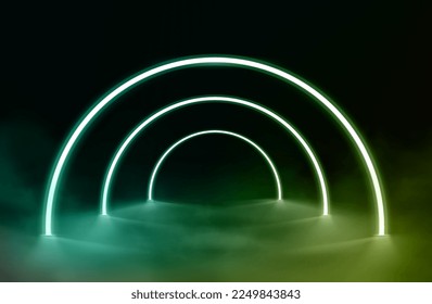 3d vector, abstract background, round portal, glowing lines, tunnel, neon lights, virtual reality, arch, pink blue spectrum of bright colors, laser show, empty space, frame isolated on black