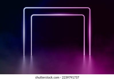 3d vector, fondo abstracto, portal cuadrado, líneas brillantes, túnel, luces de neón, realidad virtual, arco, espectro azul rosado de colores brillantes, espectáculo láser, espacio vacío, marco aislado en negro