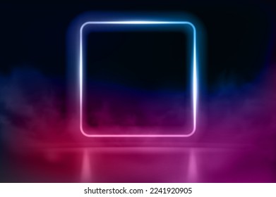 3d vector, abstract background, square portal, glowing lines, tunnel, neon lights, virtual reality, arch, pink blue spectrum of bright colors, laser show, empty space, frame isolated on black