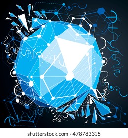 3d vector abstract blue background created in Bauhaus retro style. Dimensional geometric composition with low poly shattered object and graphic elements can be used as templates and layouts.