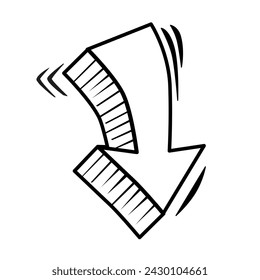 Abstrakter Business-Pfeil für 3D-Vektor. Hand gezeichneter geometrischer gekrümmter Zeiger nach unten. Isolierte fette Doodle für Design zu markieren.