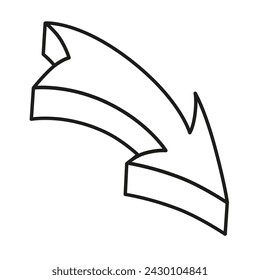 Abstrakter Business-Pfeil für 3D-Vektor. Hand gezeichneter geometrischer gekrümmter Zeiger nach unten. Isolierte fette Doodle für Design zu markieren.