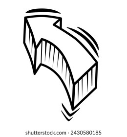 3d Vector abstracto de la flecha de negocios. Puntero curvo geométrico dibujado a mano hacia la izquierda. Doodle en negrita aislado para que el diseño marque.
