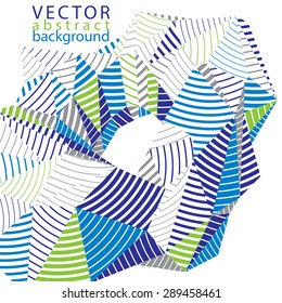 3D vector abstract design object, polygonal complicated background. Colorful three-dimensional deformed striped shape, render.